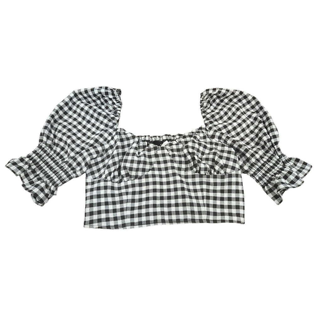 H&M Divided Gingham Puff Sleeve Crop Top Cottagecore Milkmaid Smocked Small